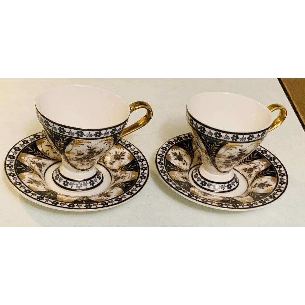 Grace Fine Porcelain Blk, Wht, Gold Tea Cup And Saucer Set Of 2 Japan Design